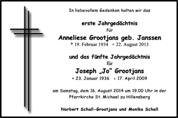 Traueranzeige von Anneliese Grootjans geb. Janssen Joseph Jo Grootjans  von Super Sonntag / Super Mittwoch