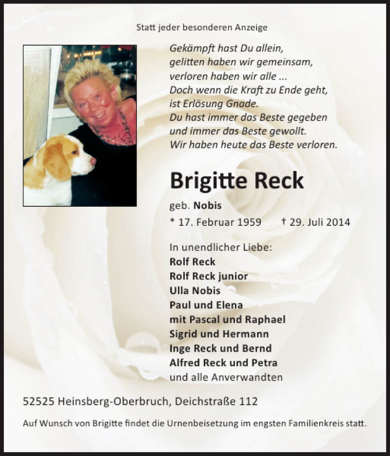  Traueranzeige für Brigitte Reck vom 03.08.2014 aus Super Sonntag / Super Mittwoch