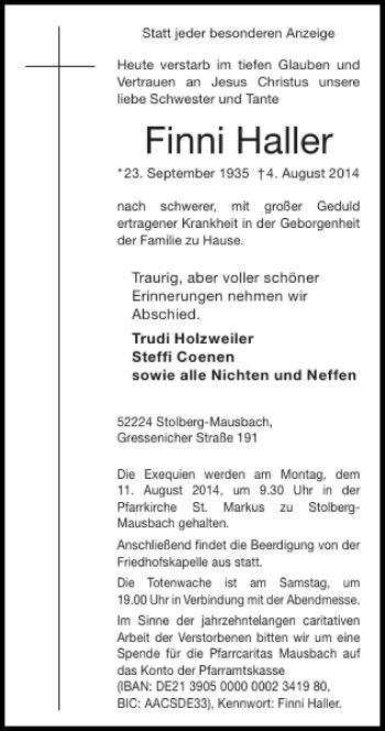 Traueranzeige von Finni Haller von Super Sonntag / Super Mittwoch