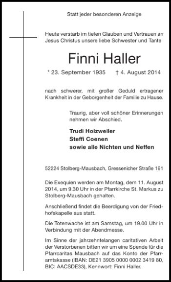 Traueranzeige von Finni Haller von Aachener Zeitung / Aachener Nachrichten