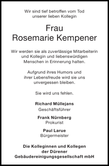 Traueranzeige von Frau Rosemarie Kempener von Super Sonntag / Super Mittwoch