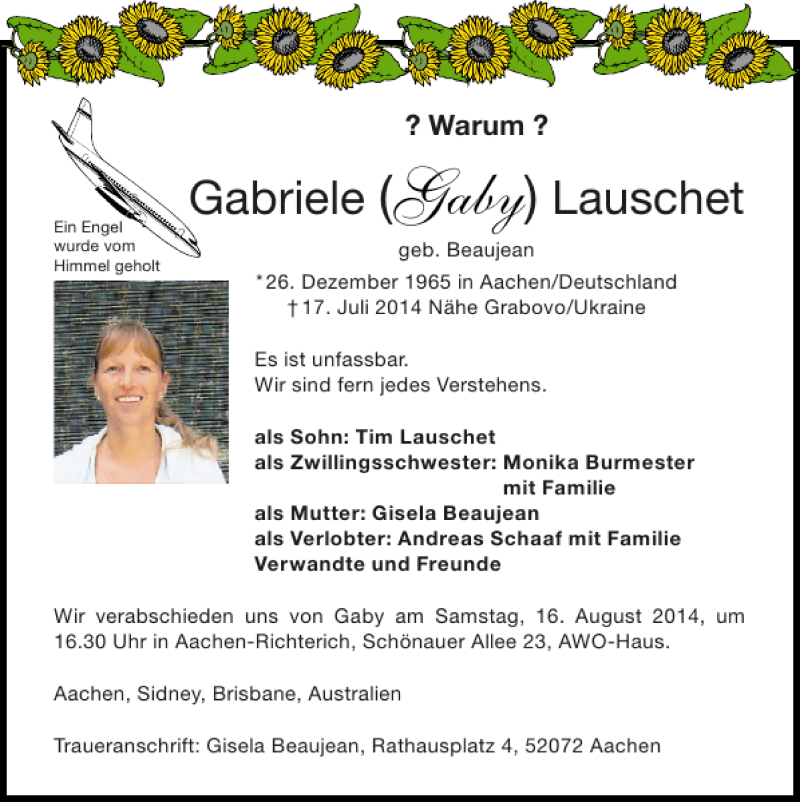  Traueranzeige für Gabriele 'Gaby' Lauschet vom 10.08.2014 aus Super Sonntag / Super Mittwoch