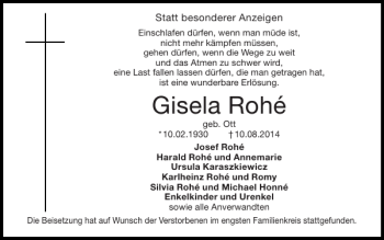 Traueranzeige von Gisela Rohé von Super Sonntag / Super Mittwoch