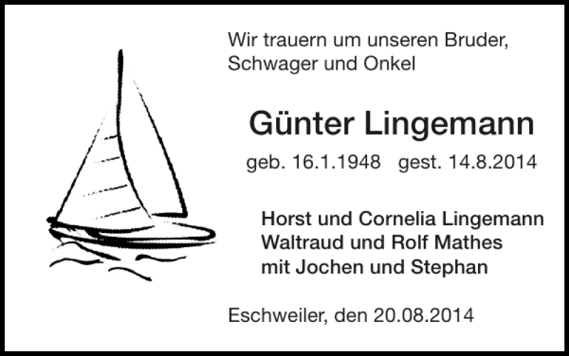  Traueranzeige für Günter Lingemann vom 24.08.2014 aus Super Sonntag / Super Mittwoch