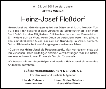 Traueranzeige von Heinz-Josef Floßdorf von Super Sonntag / Super Mittwoch