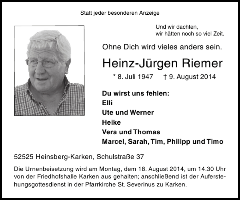  Traueranzeige für Heinz-Jürgen Riemer vom 17.08.2014 aus Super Sonntag / Super Mittwoch