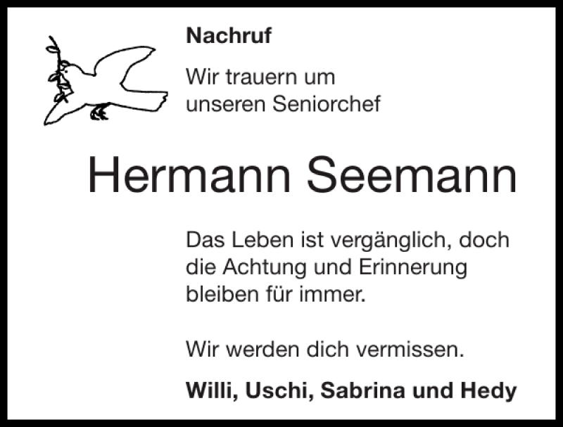  Traueranzeige für Hermann Seemann vom 10.08.2014 aus Super Sonntag / Super Mittwoch