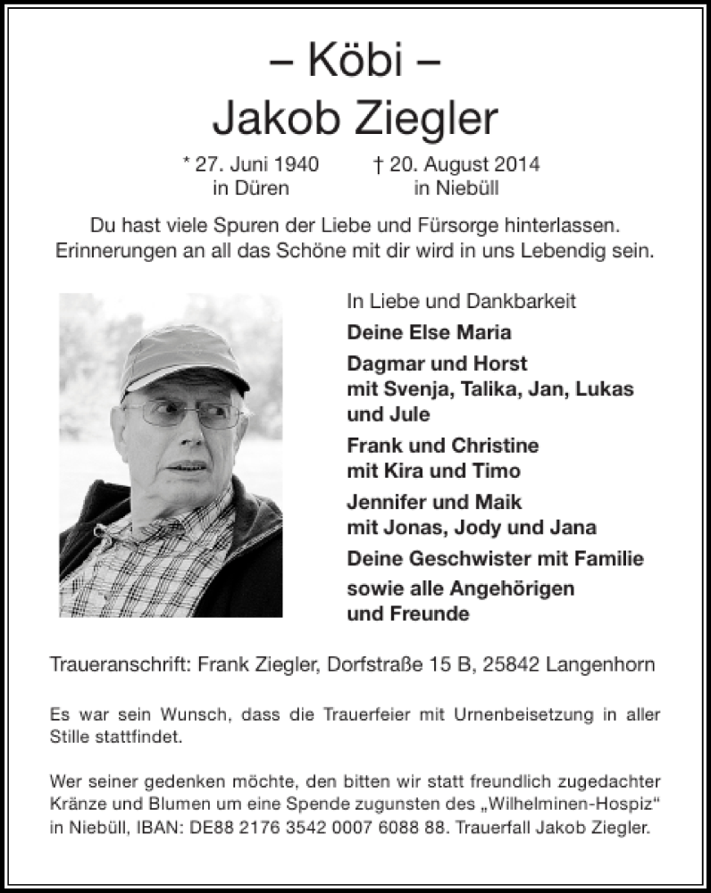  Traueranzeige für Köbi Jakob Ziegler vom 24.08.2014 aus Super Sonntag / Super Mittwoch