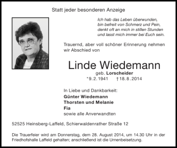 Traueranzeige von Linde Wiedemann von Super Sonntag / Super Mittwoch
