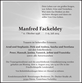 Traueranzeige von Manfred Fackeldey von Super Sonntag / Super Mittwoch