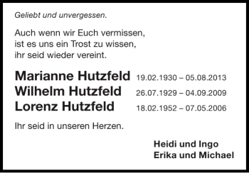 Traueranzeige von Marianne Hutzfeld Wilhelm Hutzfeld Lorenz Hutzfeld  von Super Sonntag / Super Mittwoch