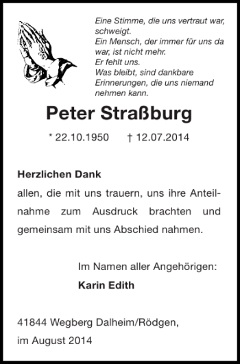 Traueranzeige von Peter Straßburg von Super Sonntag / Super Mittwoch