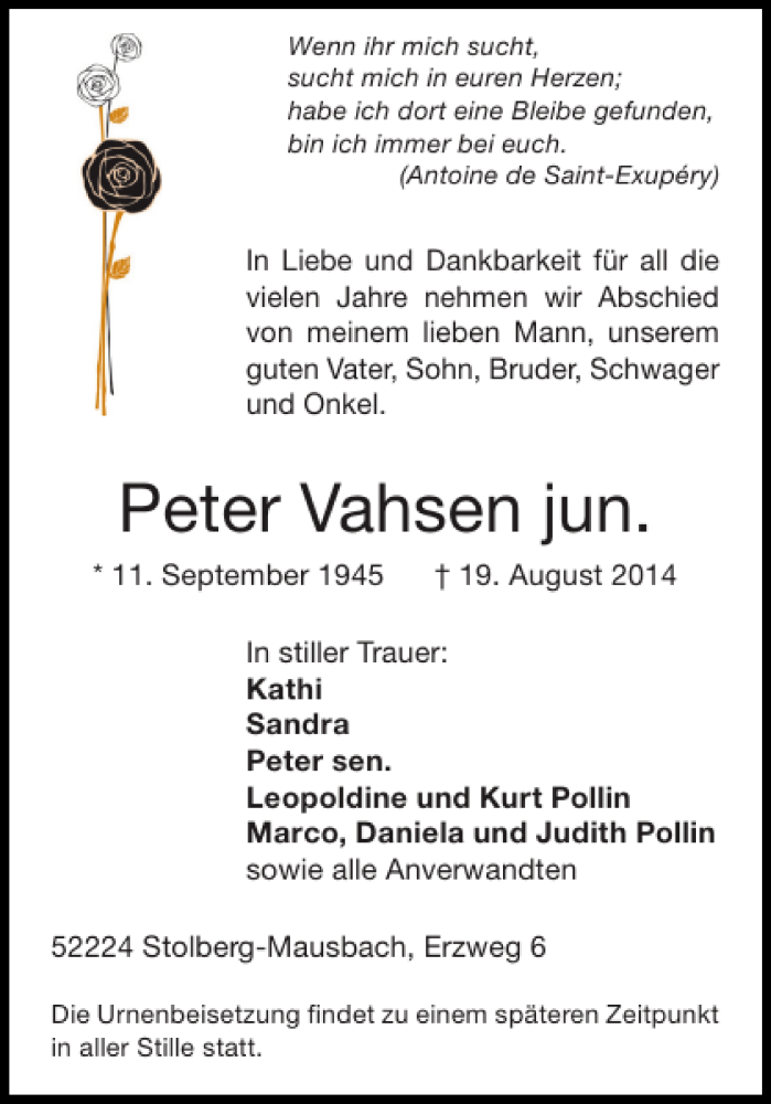  Traueranzeige für Peter Vahsen vom 23.08.2014 aus Aachener Zeitung / Aachener Nachrichten
