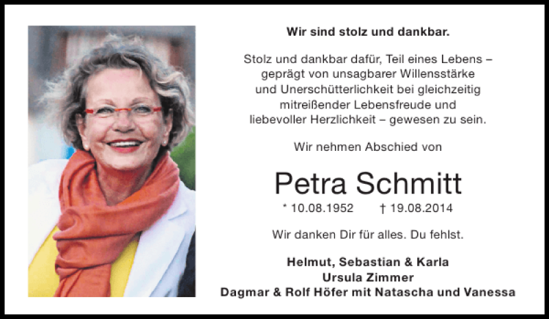  Traueranzeige für Petra Schmitt vom 23.08.2014 aus Aachener Zeitung / Aachener Nachrichten