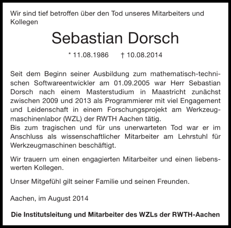  Traueranzeige für Sebastian Dorsch vom 23.08.2014 aus Aachener Zeitung / Aachener Nachrichten