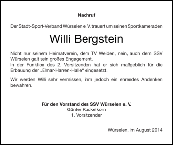 Traueranzeige von Willi Bergstein von Super Sonntag / Super Mittwoch