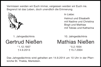 Traueranzeige von Gertrud Nießen Mathias Nießen von Super Sonntag / Super Mittwoch