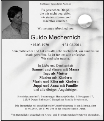 Traueranzeige von Guido Mechernich von Super Sonntag / Super Mittwoch