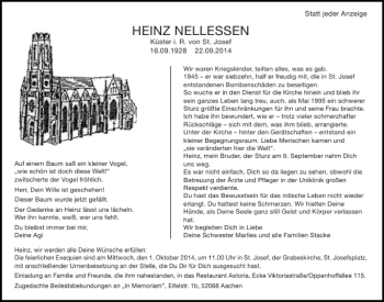 Traueranzeige von HEINZ NELLESSEN von Aachener Zeitung / Aachener Nachrichten