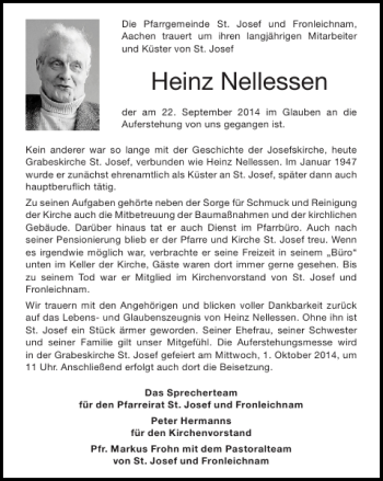 Traueranzeige von Heinz Nellessen von Super Sonntag / Super Mittwoch