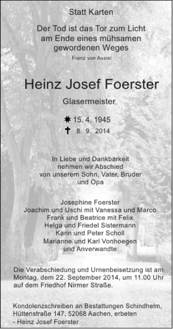 Traueranzeige von Heinz Josef Foerster Heinz Josef Foerster  von Super Sonntag / Super Mittwoch