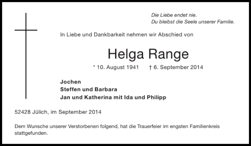  Traueranzeige für Helga Range vom 13.09.2014 aus Aachener Zeitung / Aachener Nachrichten