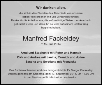 Traueranzeige von Manfred Fackeldey von Super Sonntag / Super Mittwoch