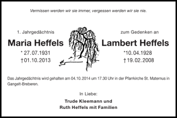 Traueranzeige von Maria Heffels Lambert Heffels von Super Sonntag / Super Mittwoch