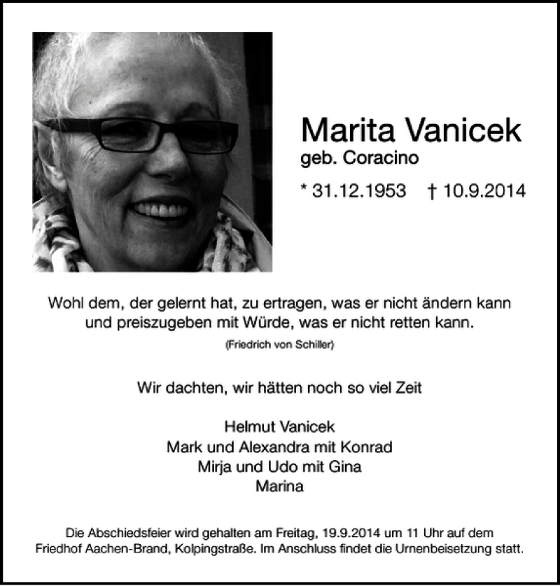  Traueranzeige für Marita Vanicek vom 14.09.2014 aus Super Sonntag / Super Mittwoch