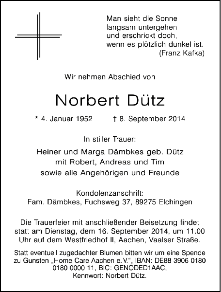  Traueranzeige für Norbert Dütz vom 13.09.2014 aus Aachener Zeitung / Aachener Nachrichten