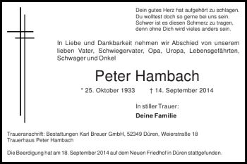 Traueranzeige von Peter Hambach von Super Sonntag / Super Mittwoch