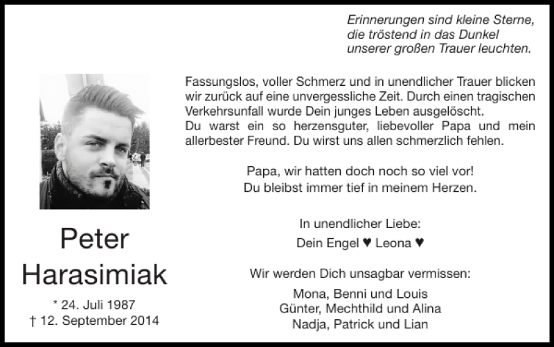  Traueranzeige für Peter Harasimiak vom 21.09.2014 aus Super Sonntag / Super Mittwoch