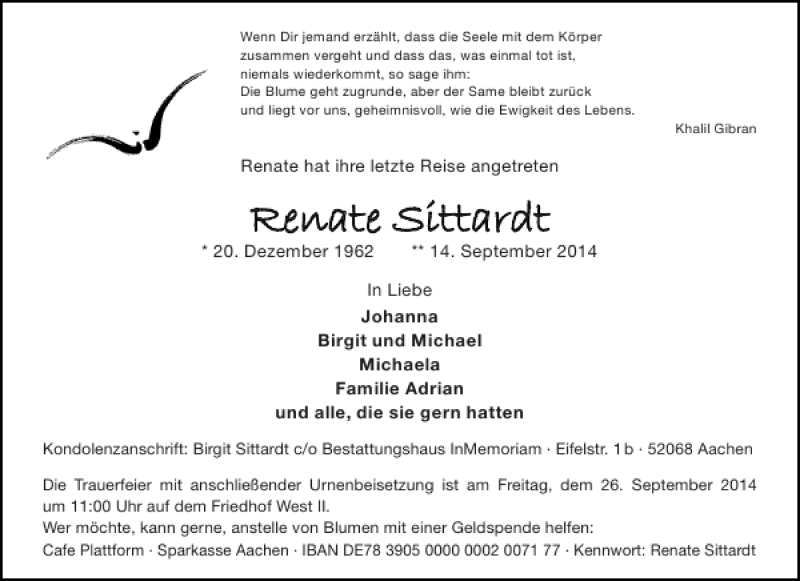  Traueranzeige für Renate Sittardt vom 20.09.2014 aus Aachener Zeitung / Aachener Nachrichten