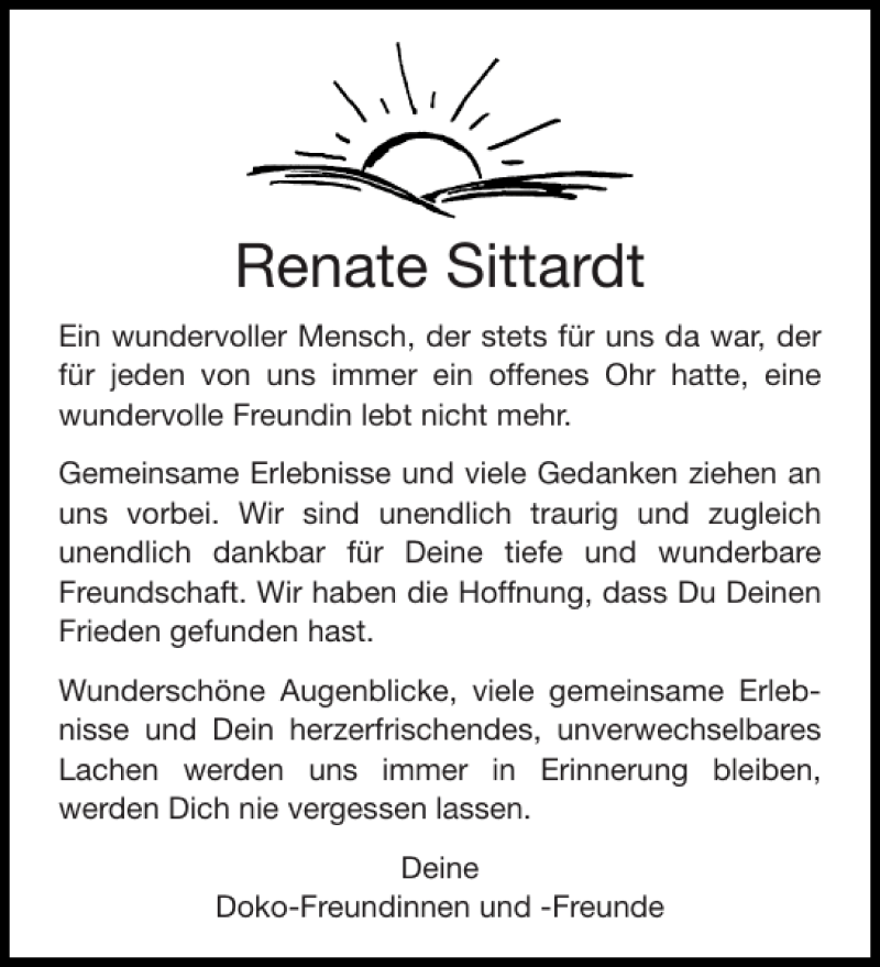  Traueranzeige für Renate Sittardt vom 20.09.2014 aus Aachener Zeitung / Aachener Nachrichten