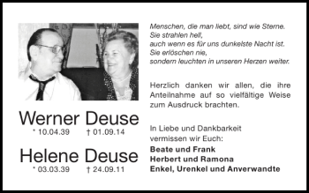 Traueranzeige von Werner Deuse Helene Deuse von Super Sonntag / Super Mittwoch