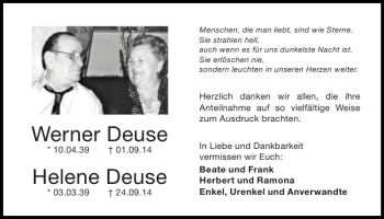 Traueranzeige von Werner Deuse Helene Deuse von Super Sonntag / Super Mittwoch