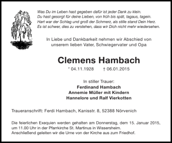 Traueranzeige von Clemens Hambach von Super Sonntag / Super Mittwoch