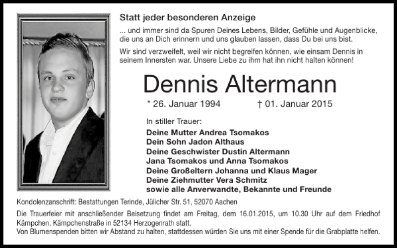  Traueranzeige für Dennis Altermann vom 11.01.2015 aus Super Sonntag / Super Mittwoch