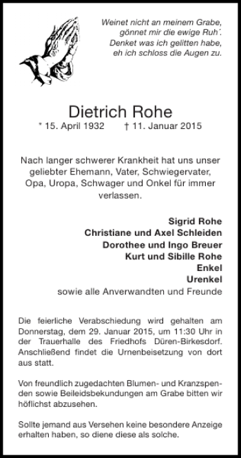 Traueranzeige von Dietrich Rohe von Super Sonntag / Super Mittwoch