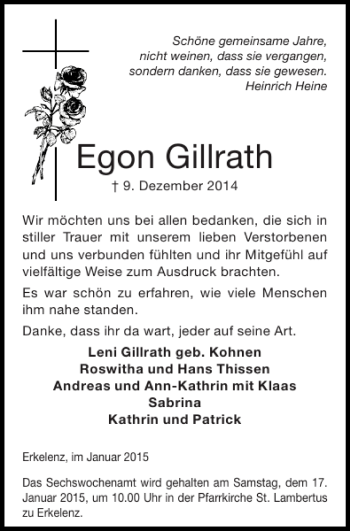 Traueranzeige von Egon Gillrath von Super Sonntag / Super Mittwoch