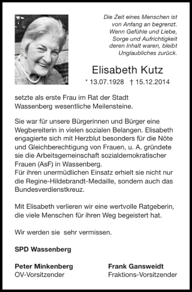  Traueranzeige für Elisabeth Kutz vom 04.01.2015 aus Super Sonntag / Super Mittwoch