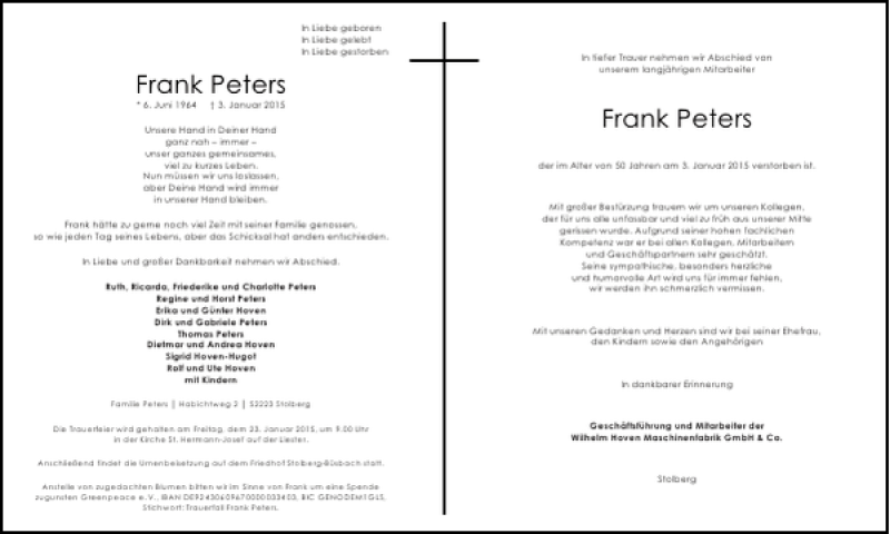  Traueranzeige für Frank Peters vom 17.01.2015 aus Aachener Zeitung / Aachener Nachrichten