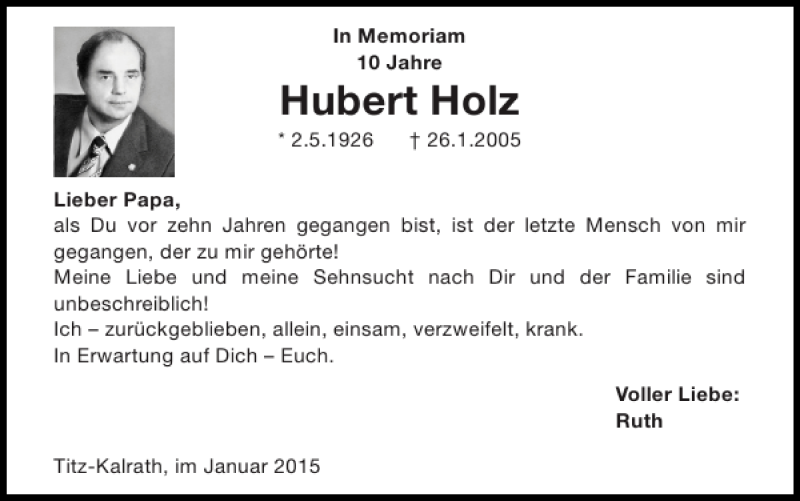  Traueranzeige für Hubert Holz vom 25.01.2015 aus Super Sonntag / Super Mittwoch