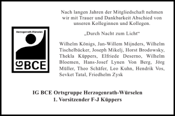 Traueranzeige von IG BCE Ortsgruppe Herzogenrath-?WürselenVorsitzender F-J Küppers  von Super Sonntag / Super Mittwoch