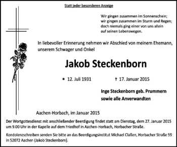 Traueranzeige von Jakob Steckenborn von Super Sonntag / Super Mittwoch