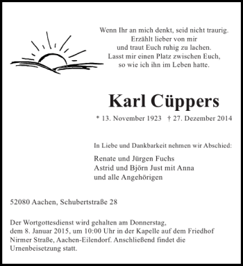Traueranzeige von Karl Cüppers von Aachener Zeitung / Aachener Nachrichten