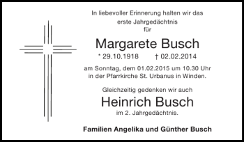 Traueranzeige von Margarete Busch Heinrich Busch von Super Sonntag / Super Mittwoch