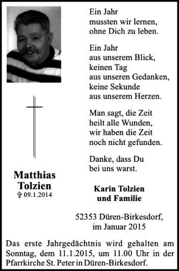 Traueranzeige von Matthias Tolzien von Super Sonntag / Super Mittwoch