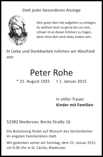 Traueranzeige von Peter Rohe von Super Sonntag / Super Mittwoch