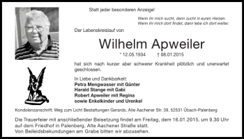 Traueranzeige von Wilhelm Apweiler von Super Sonntag / Super Mittwoch
